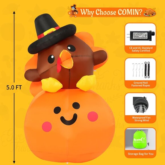 5FT Inflatables Turkey Baby on Pumpkin Built-in LEDs Blow Up Yard Decoration - Picture 6 of 8